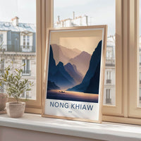 Nong Khiaw Poster - Laos Travel Art - Serene River Sunset Home Decor