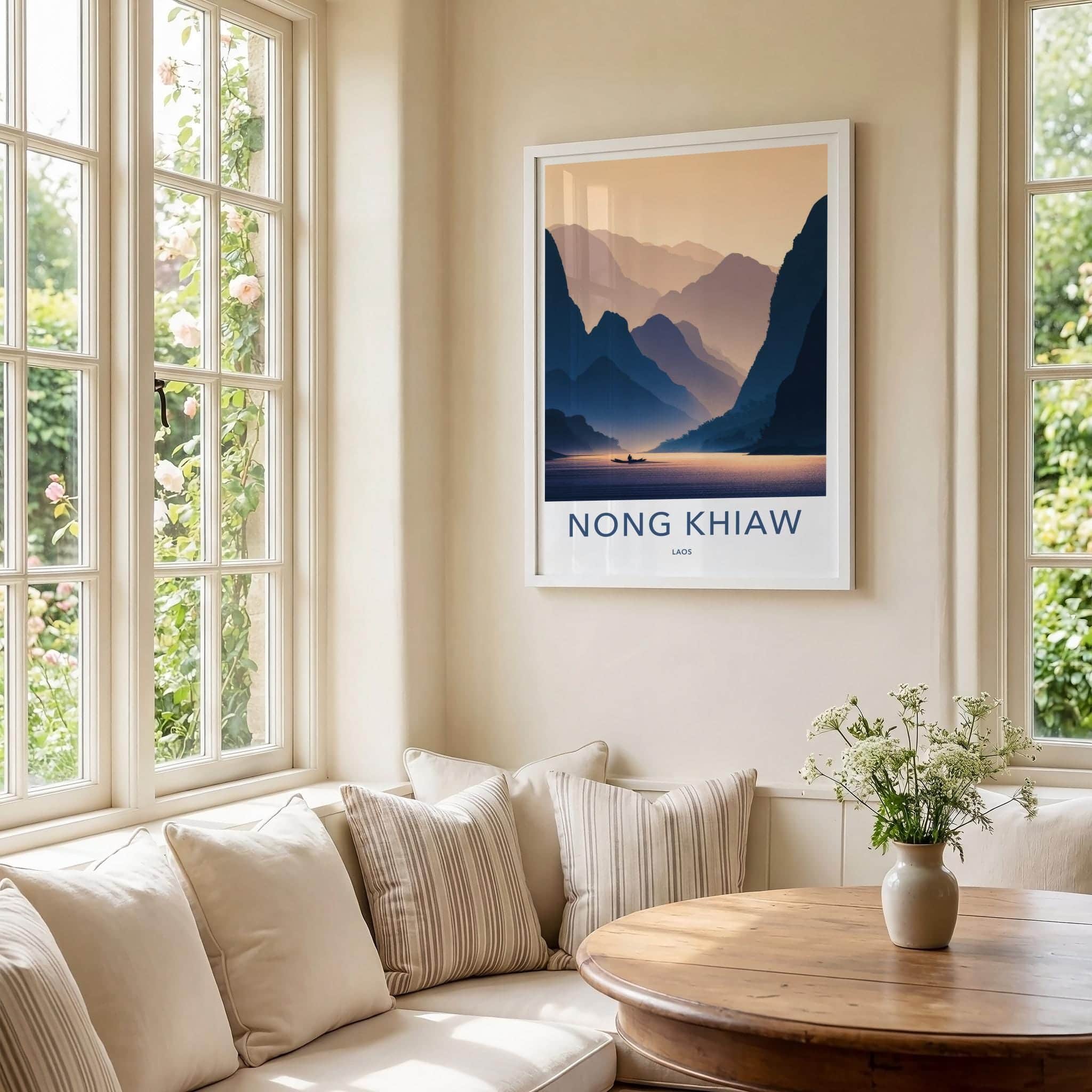 Nong Khiaw Poster - Laos Travel Art - Serene River Sunset Home Decor