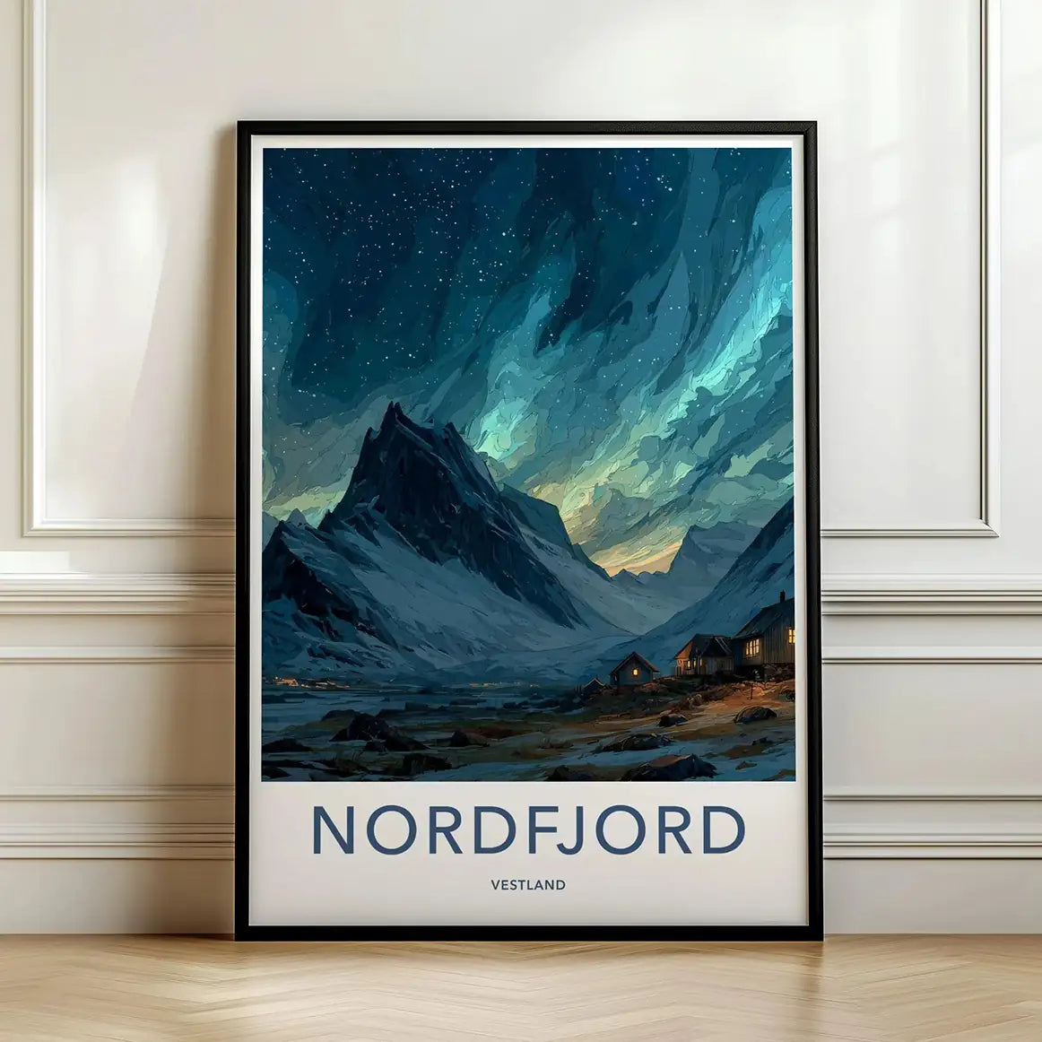 Framed travel art showcasing the Northern Lights over Nordfjord representing the Nordic Europe collection.