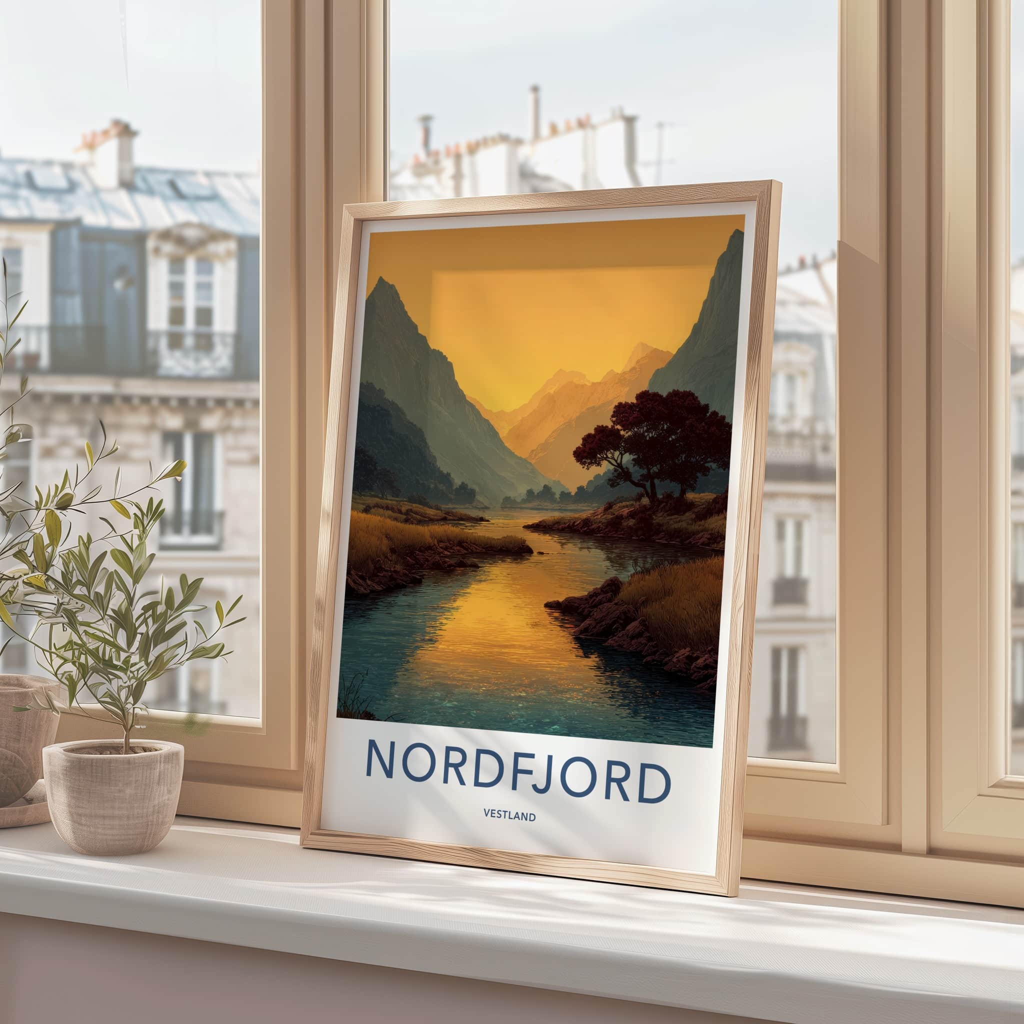 Nordfjord Poster - Norway Travel Art - Fjord Mountain Sunset Wall Decor