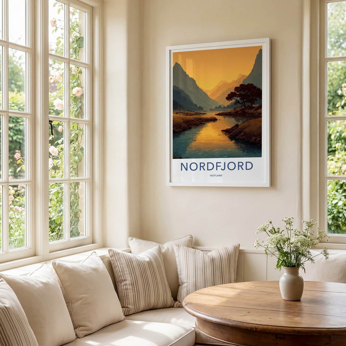 Nordfjord Poster - Norway Travel Art - Fjord Mountain Sunset Wall Decor