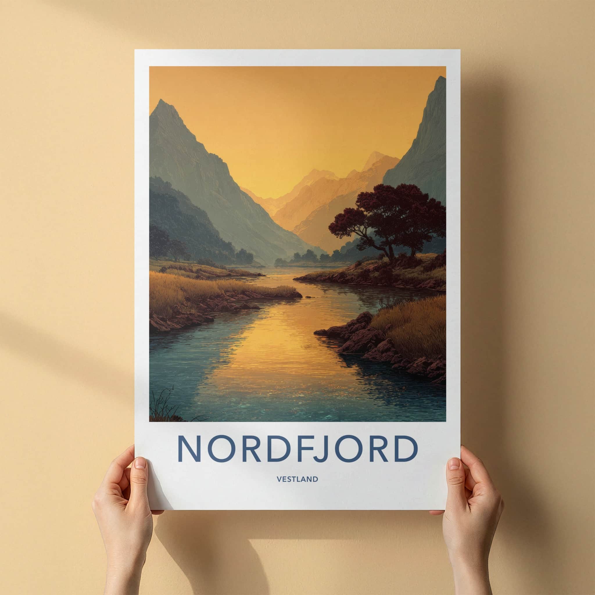 Nordfjord Poster - Norway Travel Art - Fjord Mountain Sunset Wall Decor