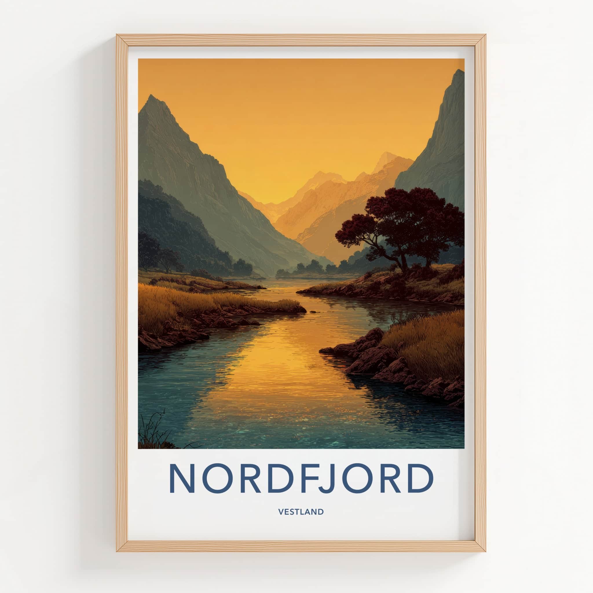 Nordfjord Poster - Norway Travel Art - Fjord Mountain Sunset Wall Decor