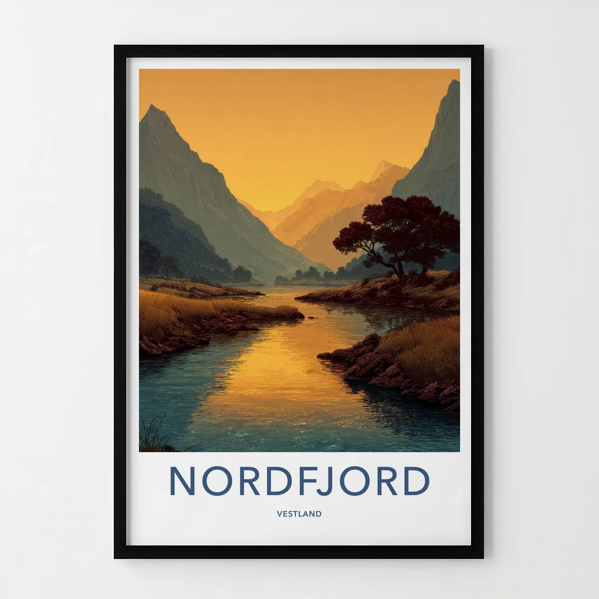 Nordfjord Poster - Norway Travel Art - Fjord Mountain Sunset Wall Decor