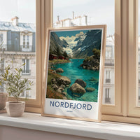 Nordfjord Poster - Norway Travel Art - Glacier Fjord Cabins Home Decor