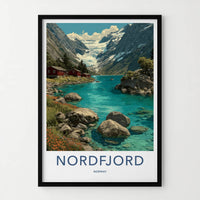 Nordfjord Poster - Norway Travel Art - Glacier Fjord Cabins Home Decor