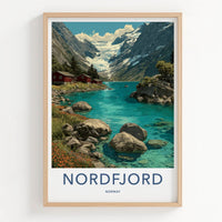 Nordfjord Poster - Norway Travel Art - Glacier Fjord Cabins Home Decor
