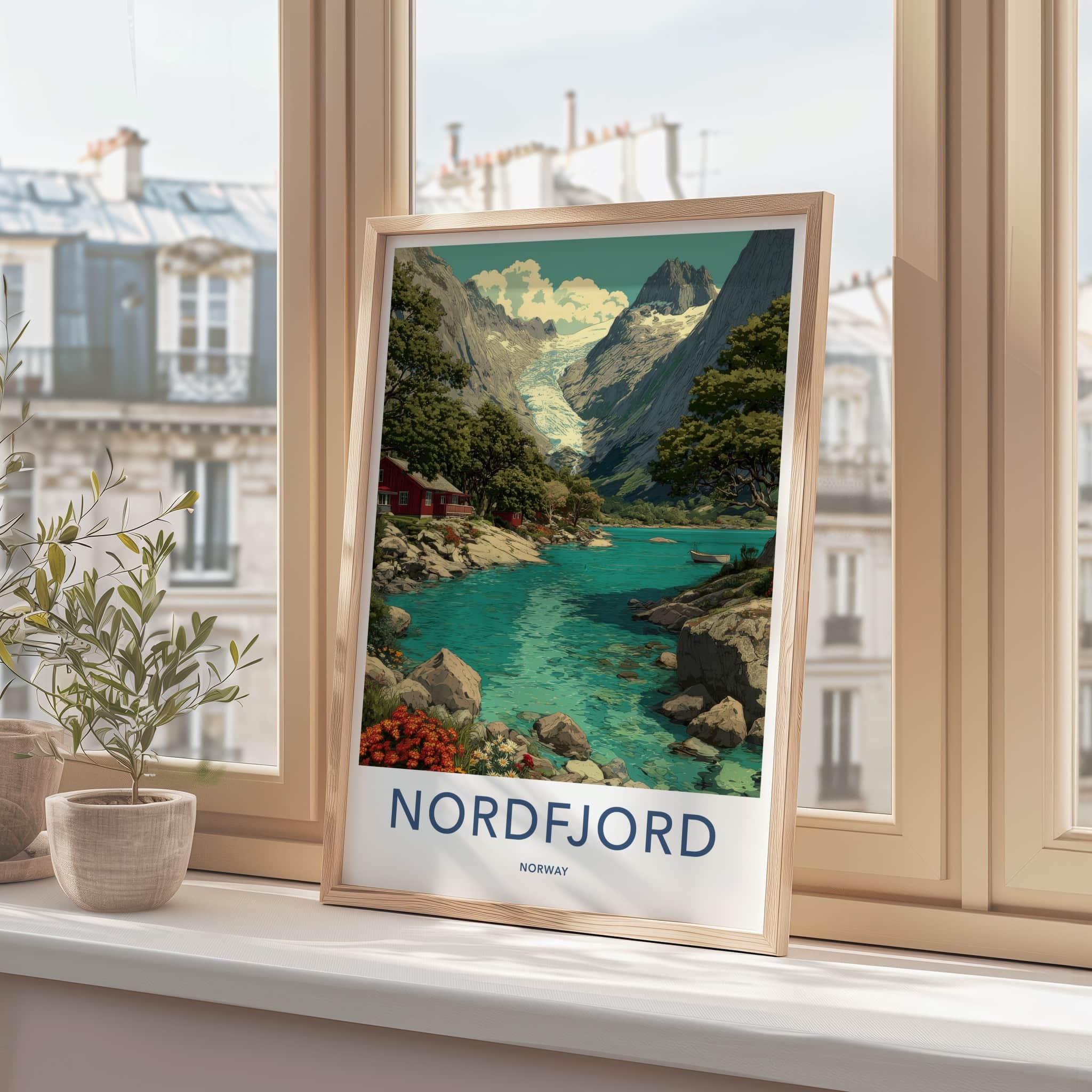 Nordfjord Poster - Norway Travel Art - Glacier Lake Cabin Home Decor