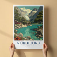 Nordfjord Poster - Norway Travel Art - Glacier Lake Cabin Home Decor