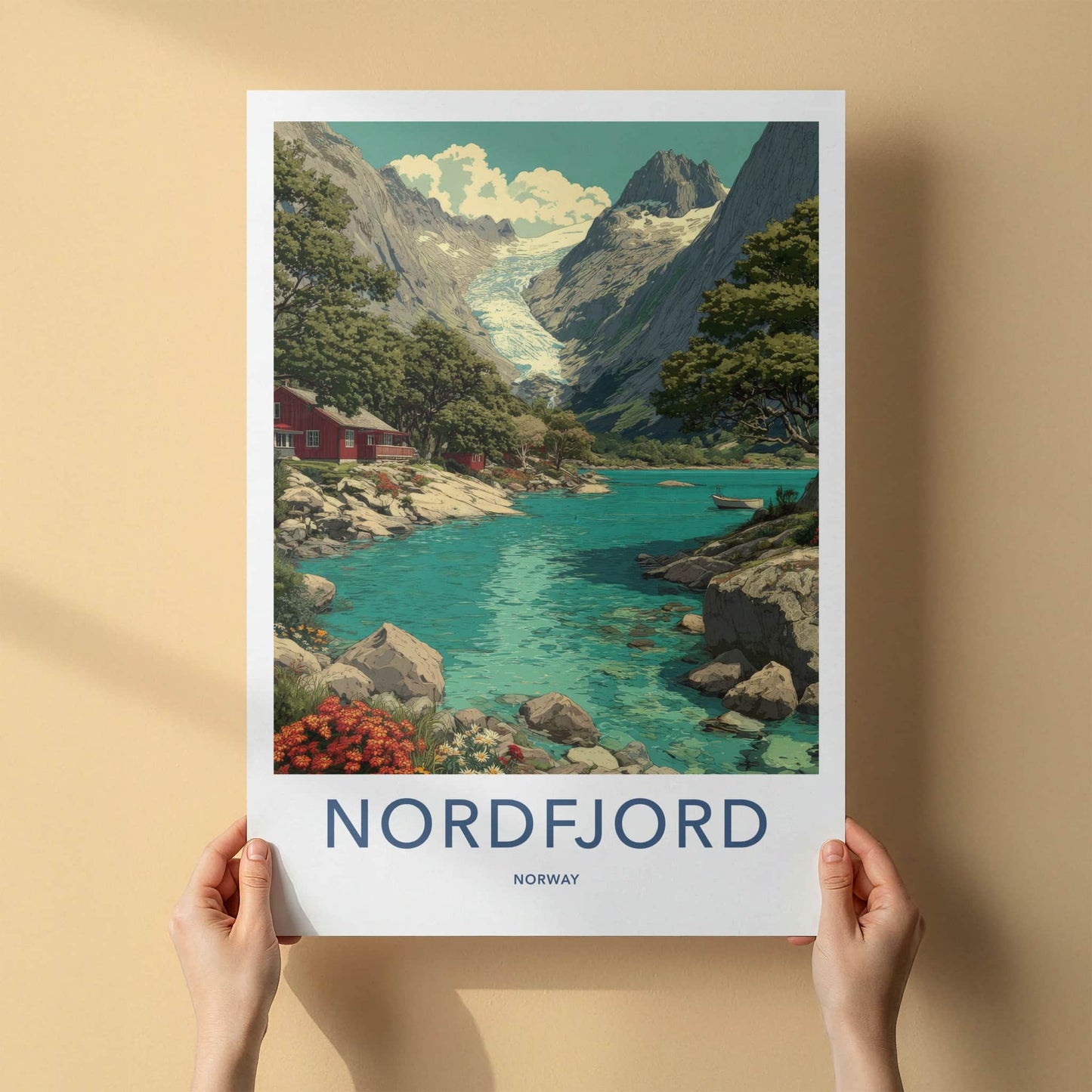 Nordfjord Poster - Norway Travel Art - Glacier Lake Cabin Home Decor