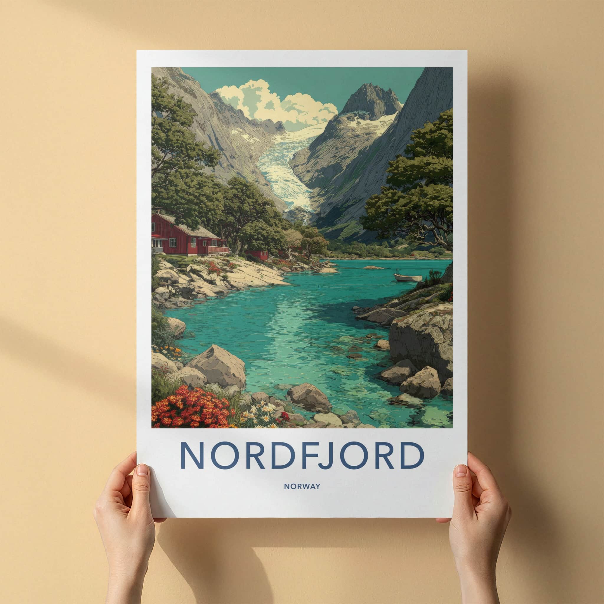 Nordfjord Poster - Norway Travel Art - Glacier Lake Cabin Home Decor