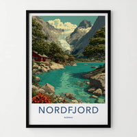 Nordfjord Poster - Norway Travel Art - Glacier Lake Cabin Home Decor