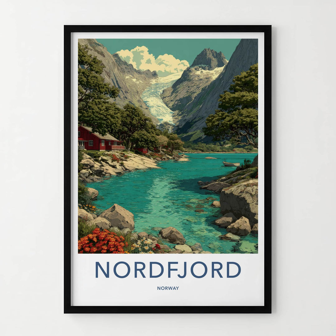 Nordfjord Poster - Norway Travel Art - Glacier Lake Cabin Home Decor