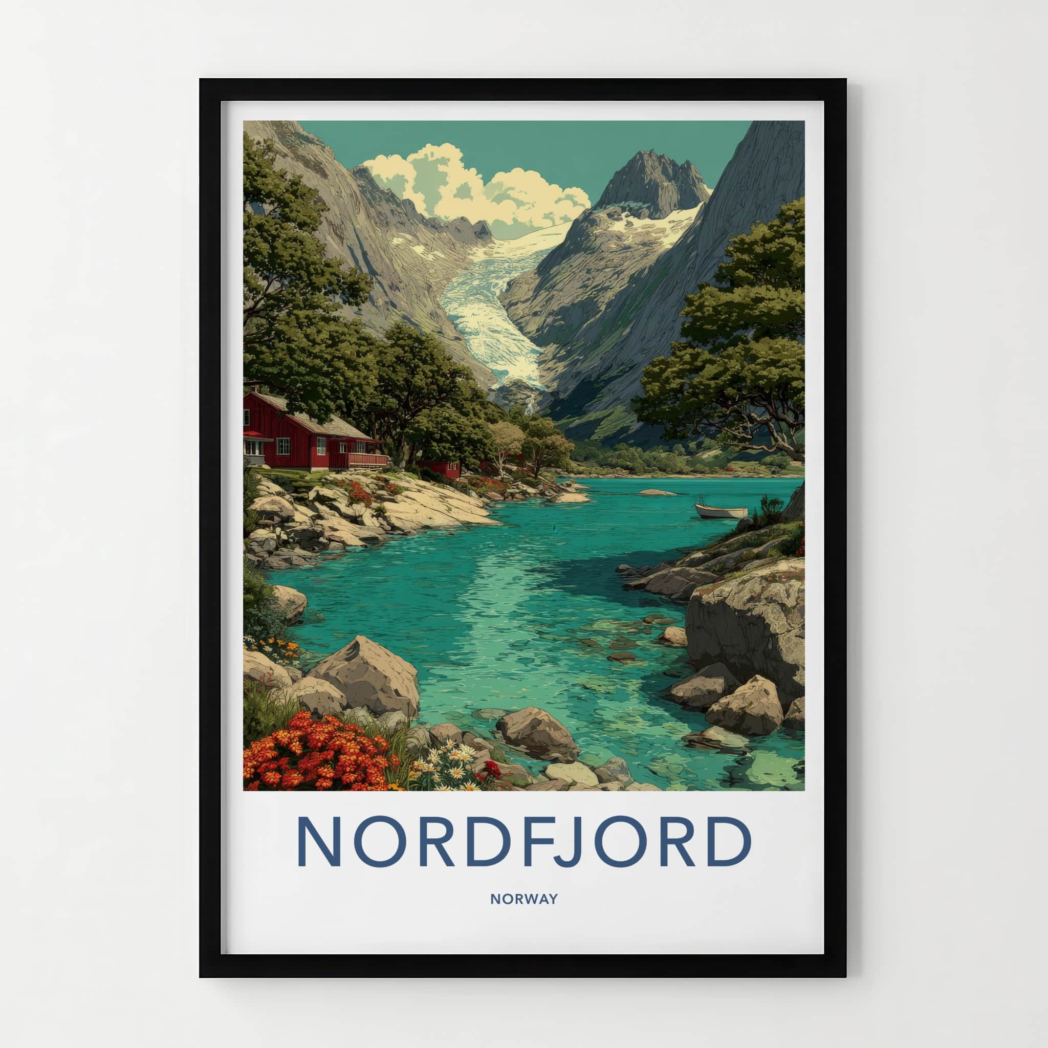 Nordfjord Poster - Norway Travel Art - Glacier Lake Cabin Home Decor