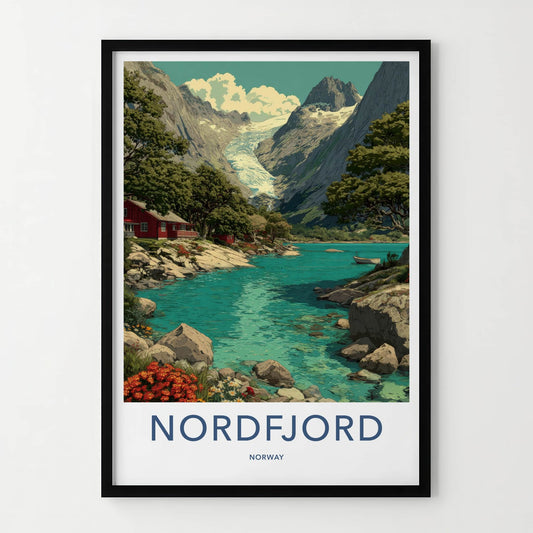 Nordfjord Poster - Norway Travel Art - Glacier Lake Cabin Home Decor