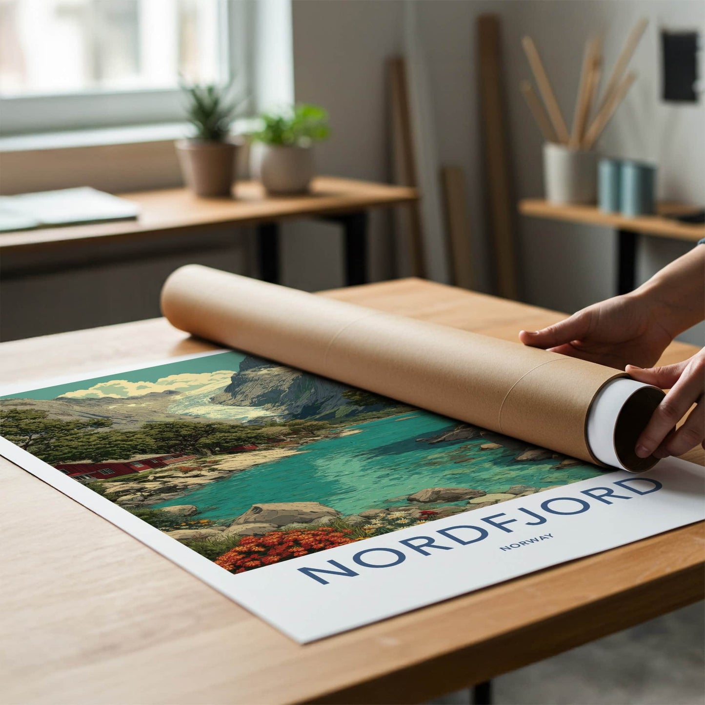 Nordfjord Poster - Norway Travel Art - Glacier Lake Cabin Home Decor