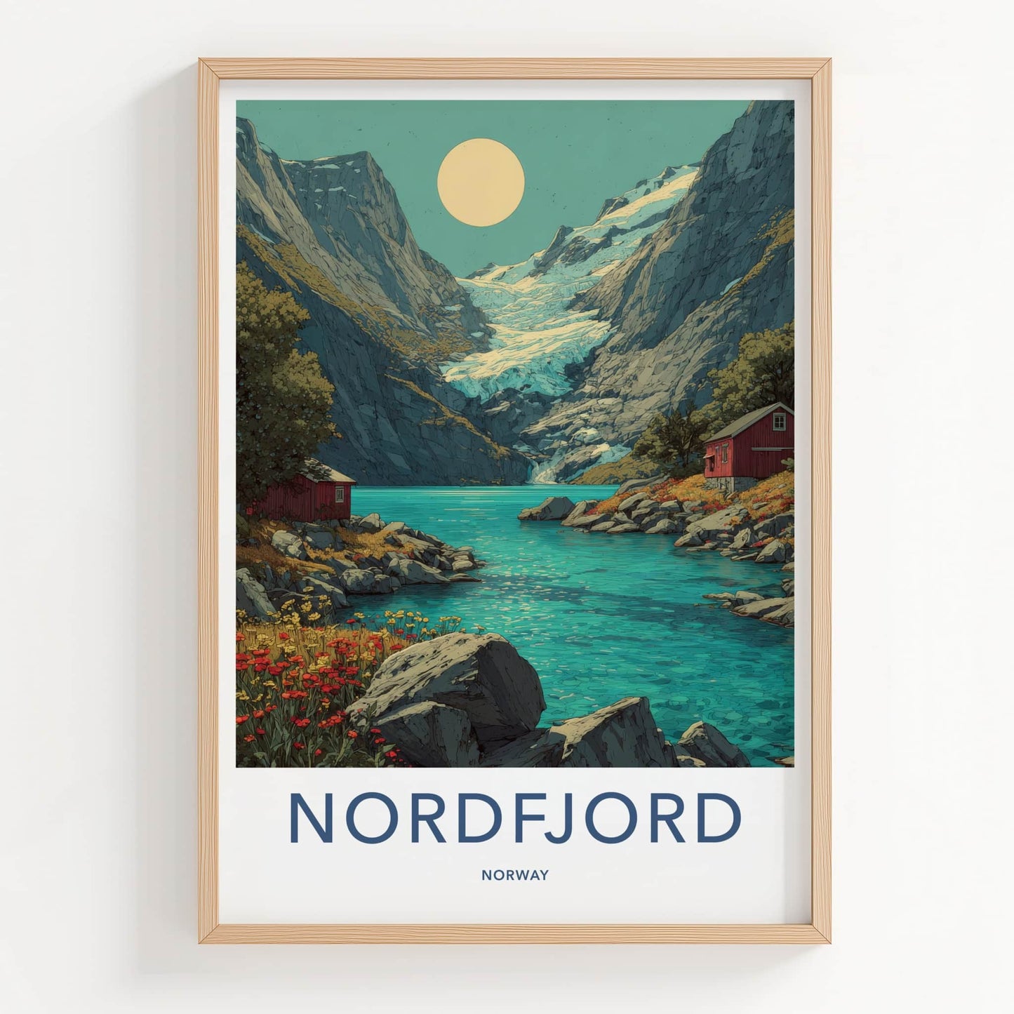 Nordfjord Poster - Norway Travel Art - Glacier Lake Cabins Home Decor