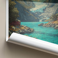 Nordfjord Poster - Norway Travel Art - Glacier Lake Cabins Home Decor