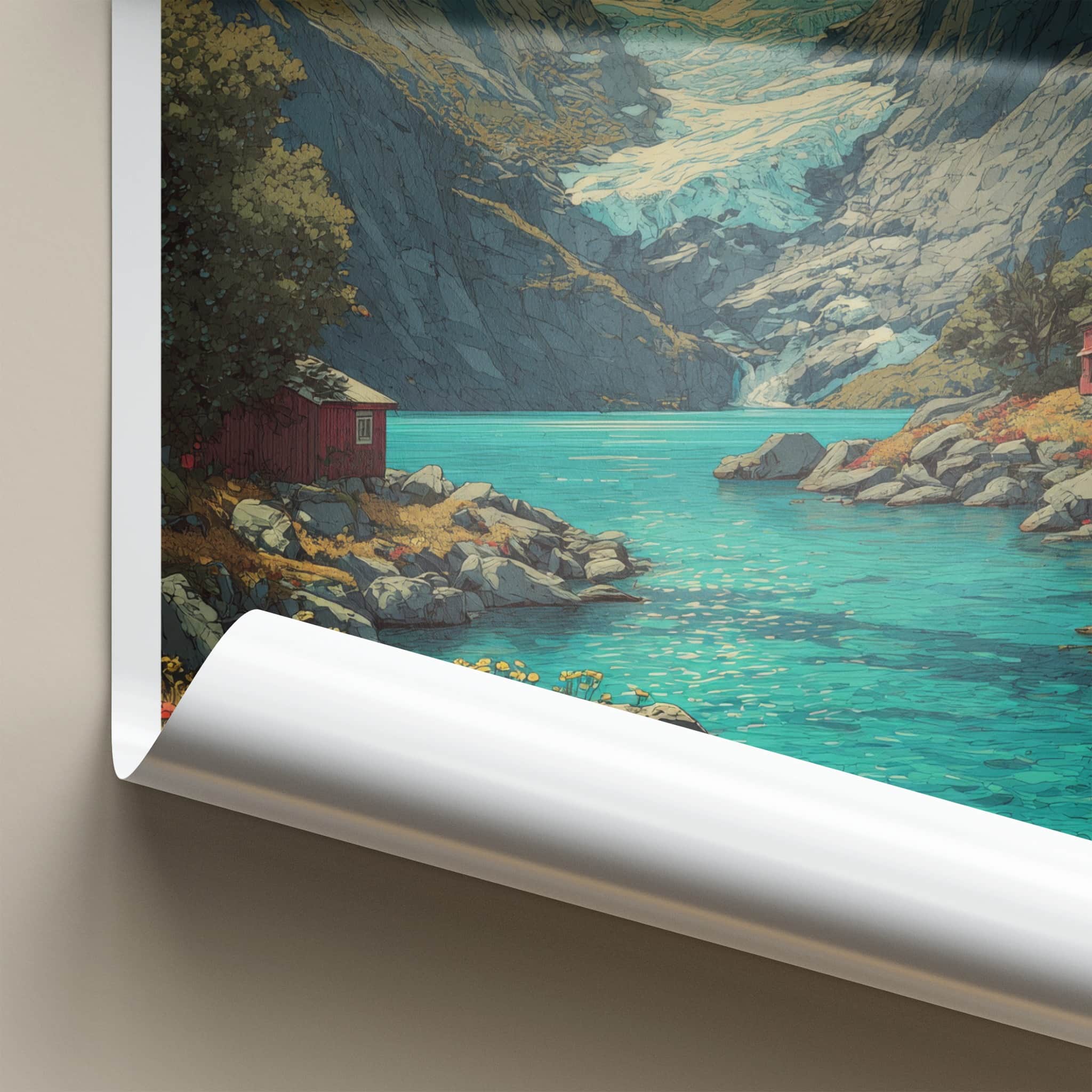 Nordfjord Poster - Norway Travel Art - Glacier Lake Cabins Home Decor