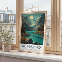 Nordfjord Poster - Norway Travel Art - Glacier Lake Cabins Home Decor