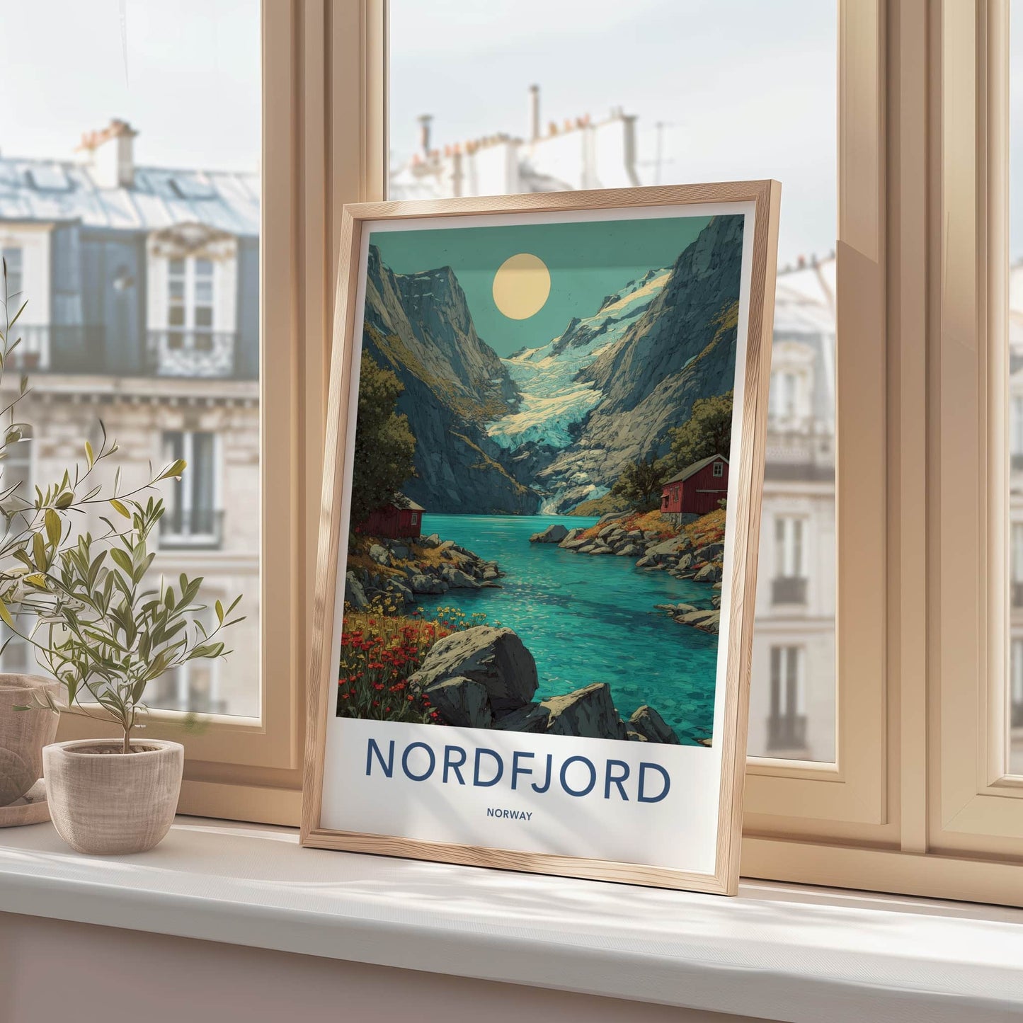 Nordfjord Poster - Norway Travel Art - Glacier Lake Cabins Home Decor
