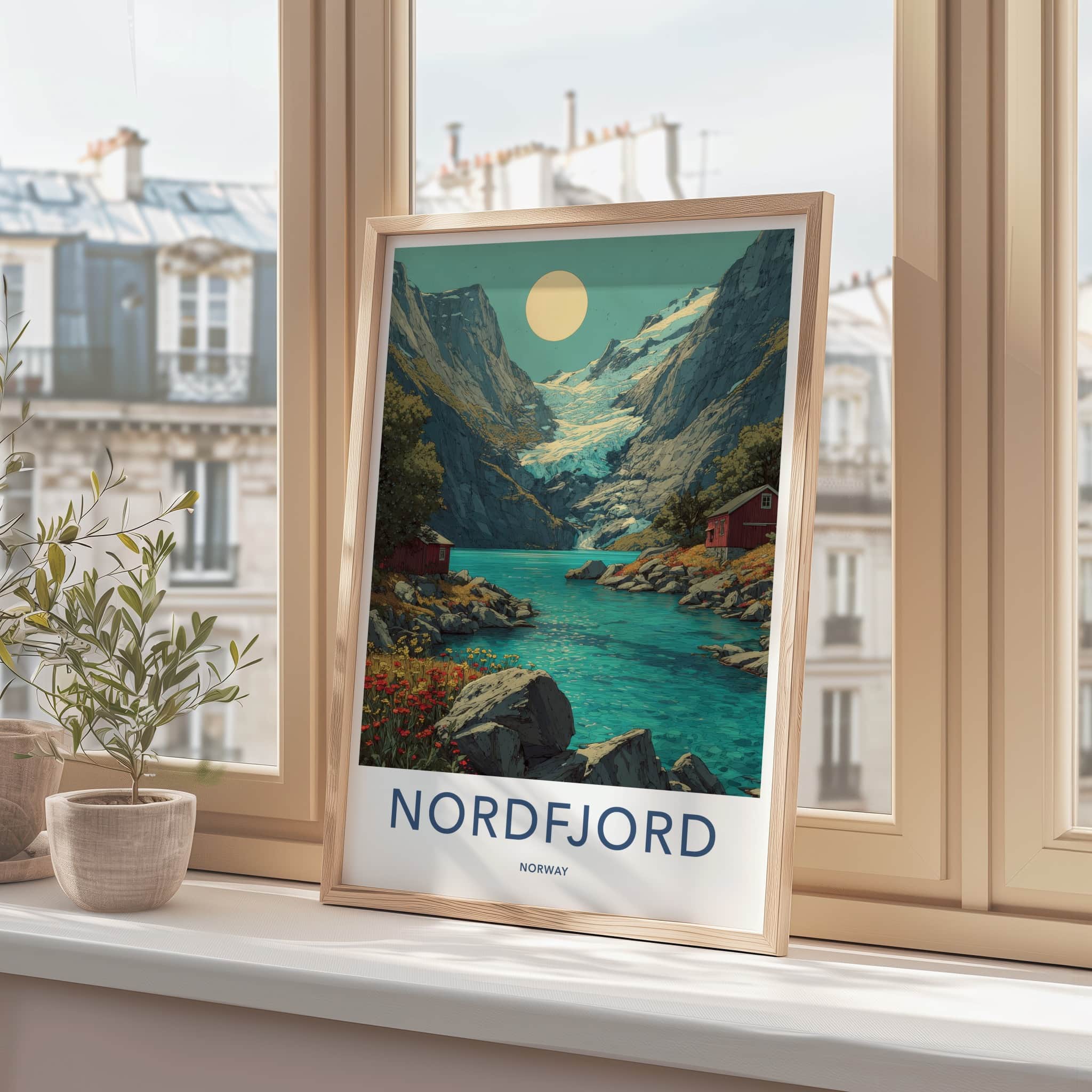 Nordfjord Poster - Norway Travel Art - Glacier Lake Cabins Home Decor