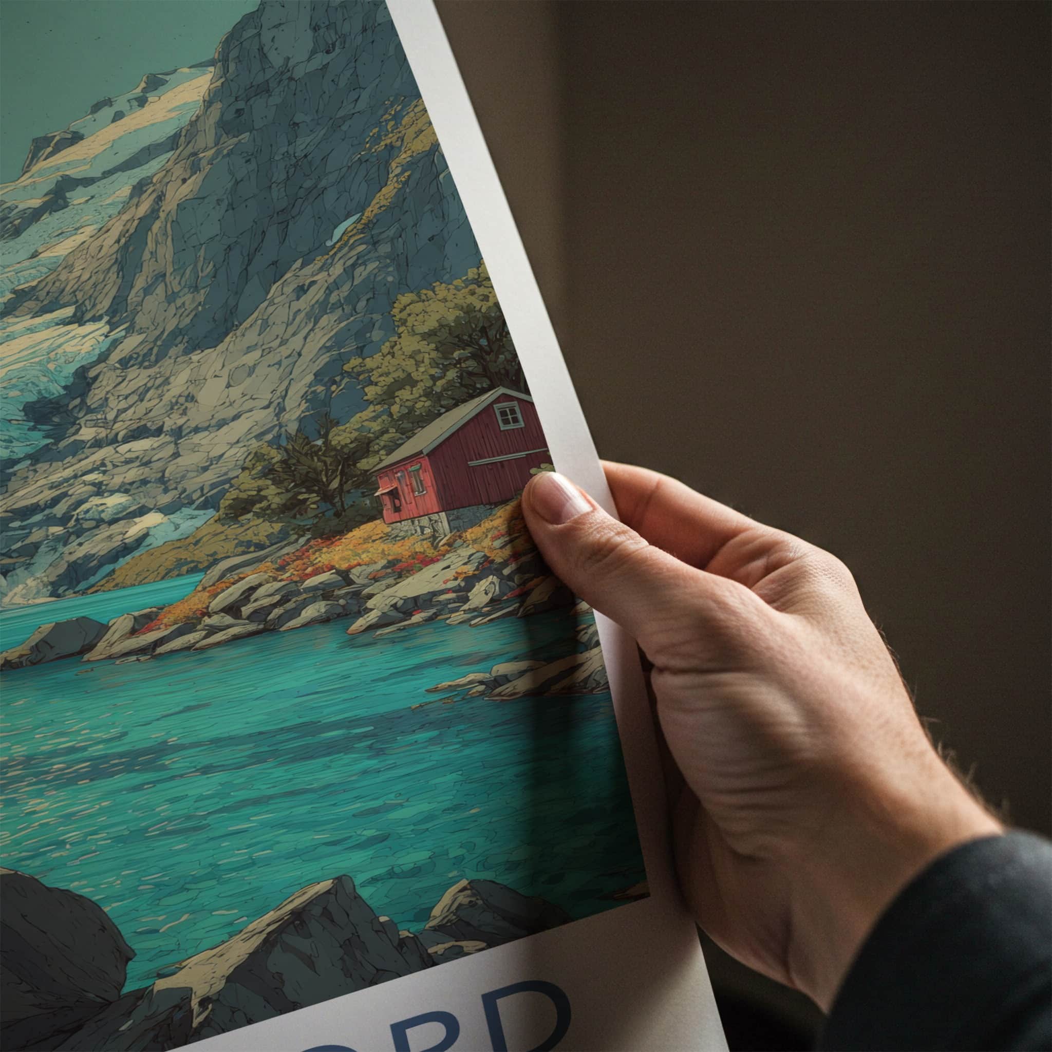 Nordfjord Poster - Norway Travel Art - Glacier Lake Cabins Home Decor