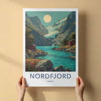 Nordfjord Poster - Norway Travel Art - Glacier Lake Cabins Home Decor