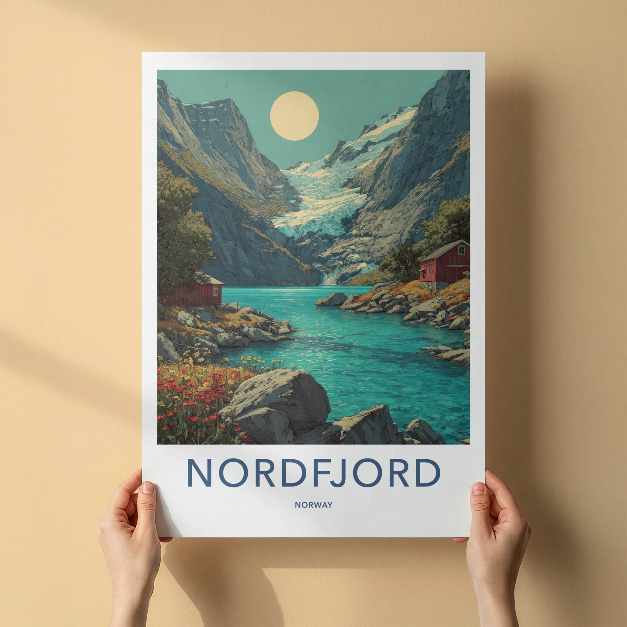 Nordfjord Poster - Norway Travel Art - Glacier Lake Cabins Home Decor