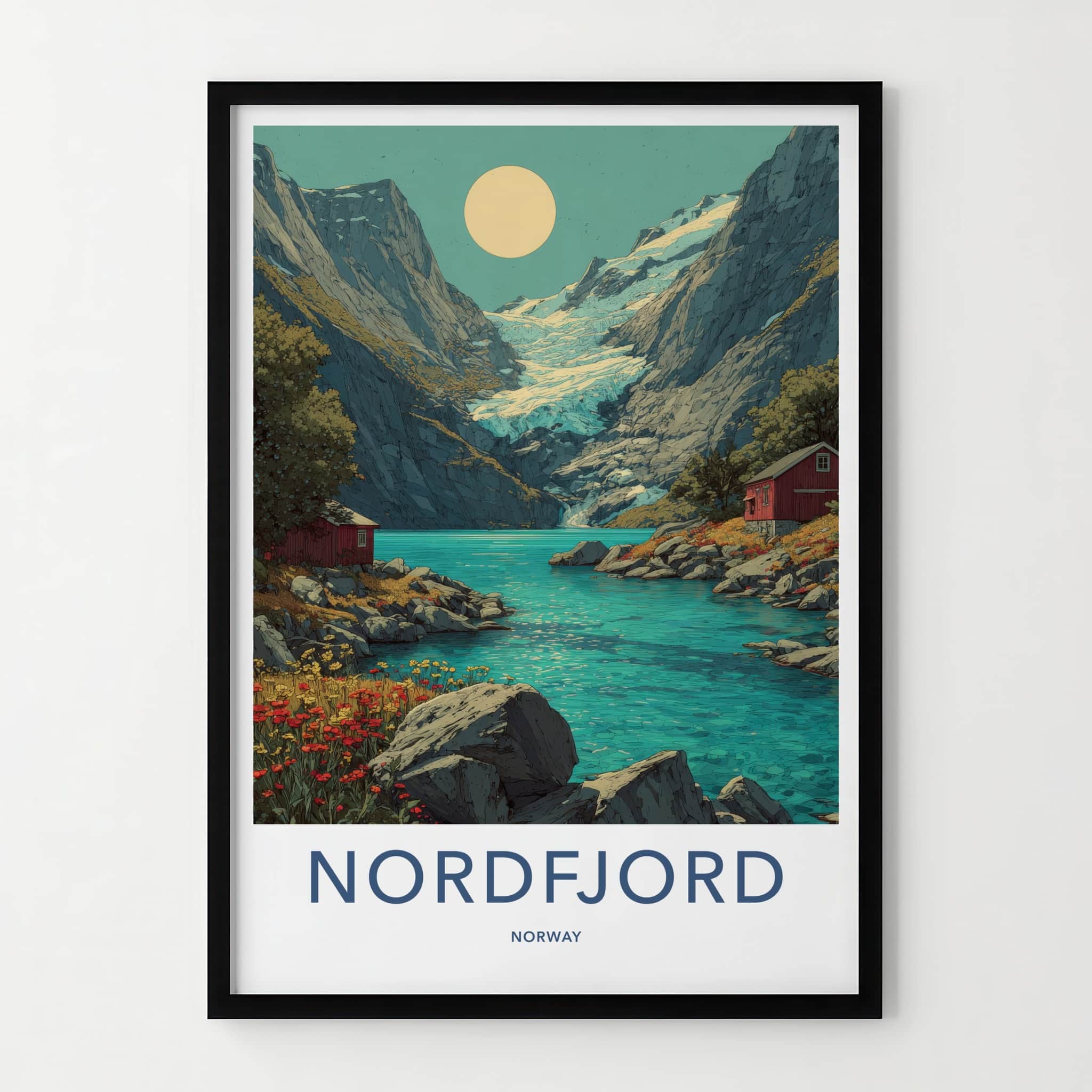 Nordfjord Poster - Norway Travel Art - Glacier Lake Cabins Home Decor