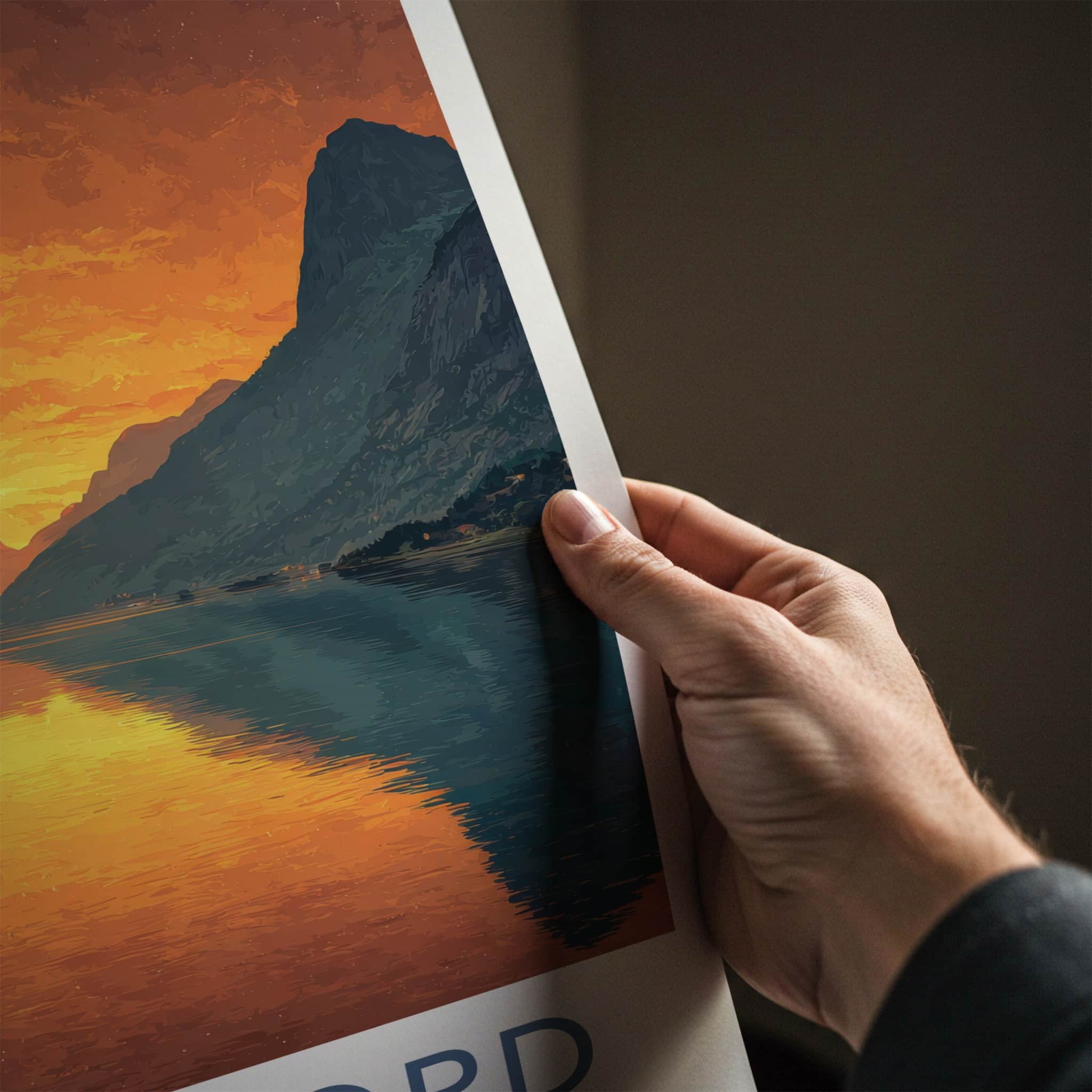 Nordfjord Poster - Norway Travel Art - Golden Water Reflections Home Decor