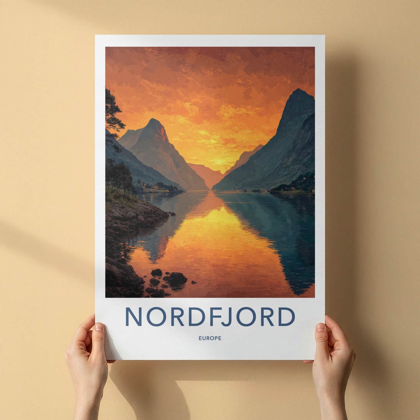 Nordfjord Poster - Norway Travel Art - Golden Water Reflections Home Decor