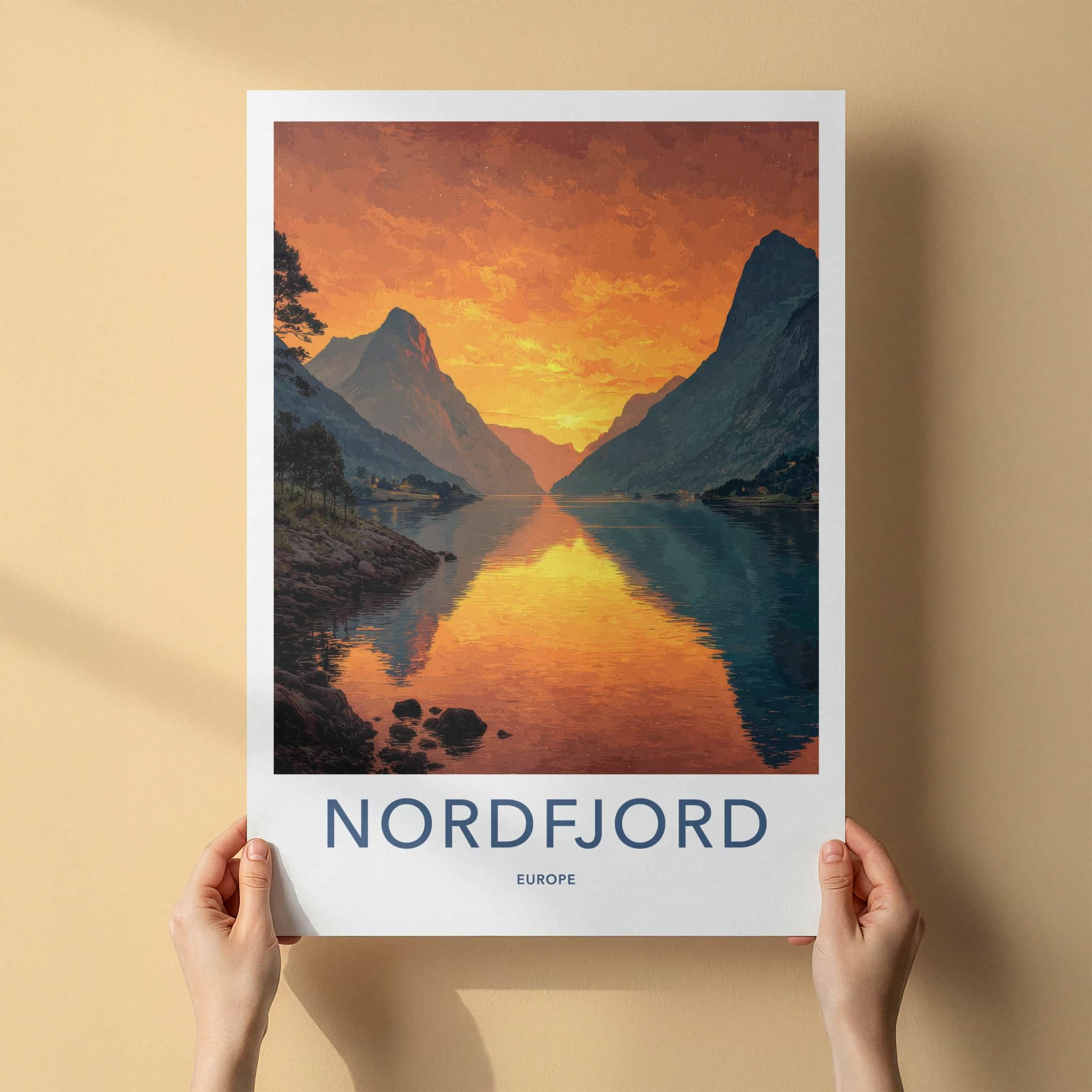 Nordfjord Poster - Norway Travel Art - Golden Water Reflections Home Decor