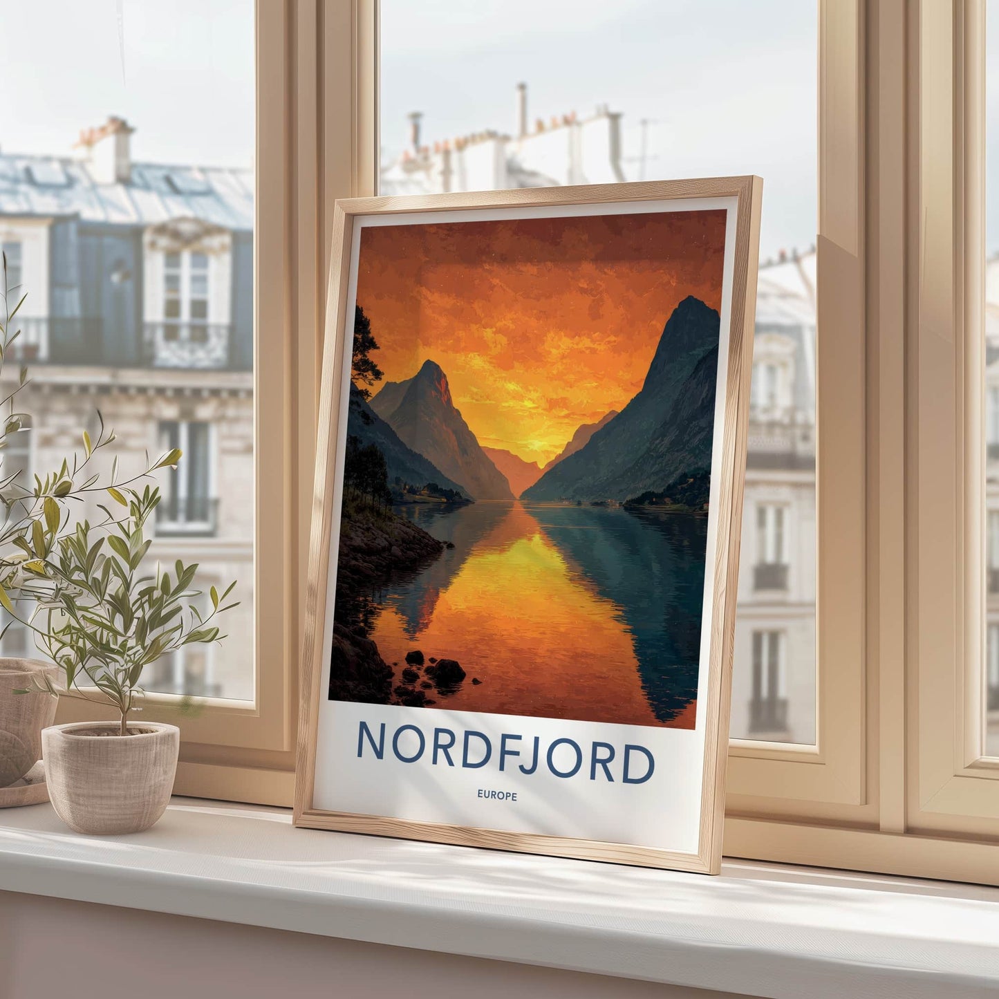 Nordfjord Poster - Norway Travel Art - Golden Water Reflections Home Decor