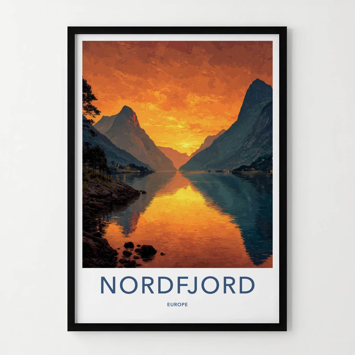 Nordfjord Poster - Norway Travel Art - Golden Water Reflections Home Decor