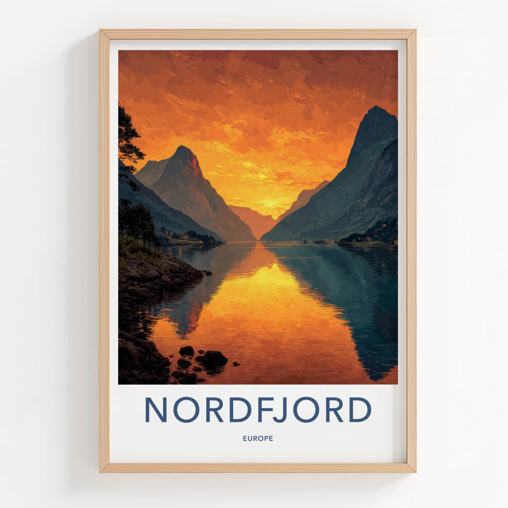 Nordfjord Poster - Norway Travel Art - Golden Water Reflections Home Decor