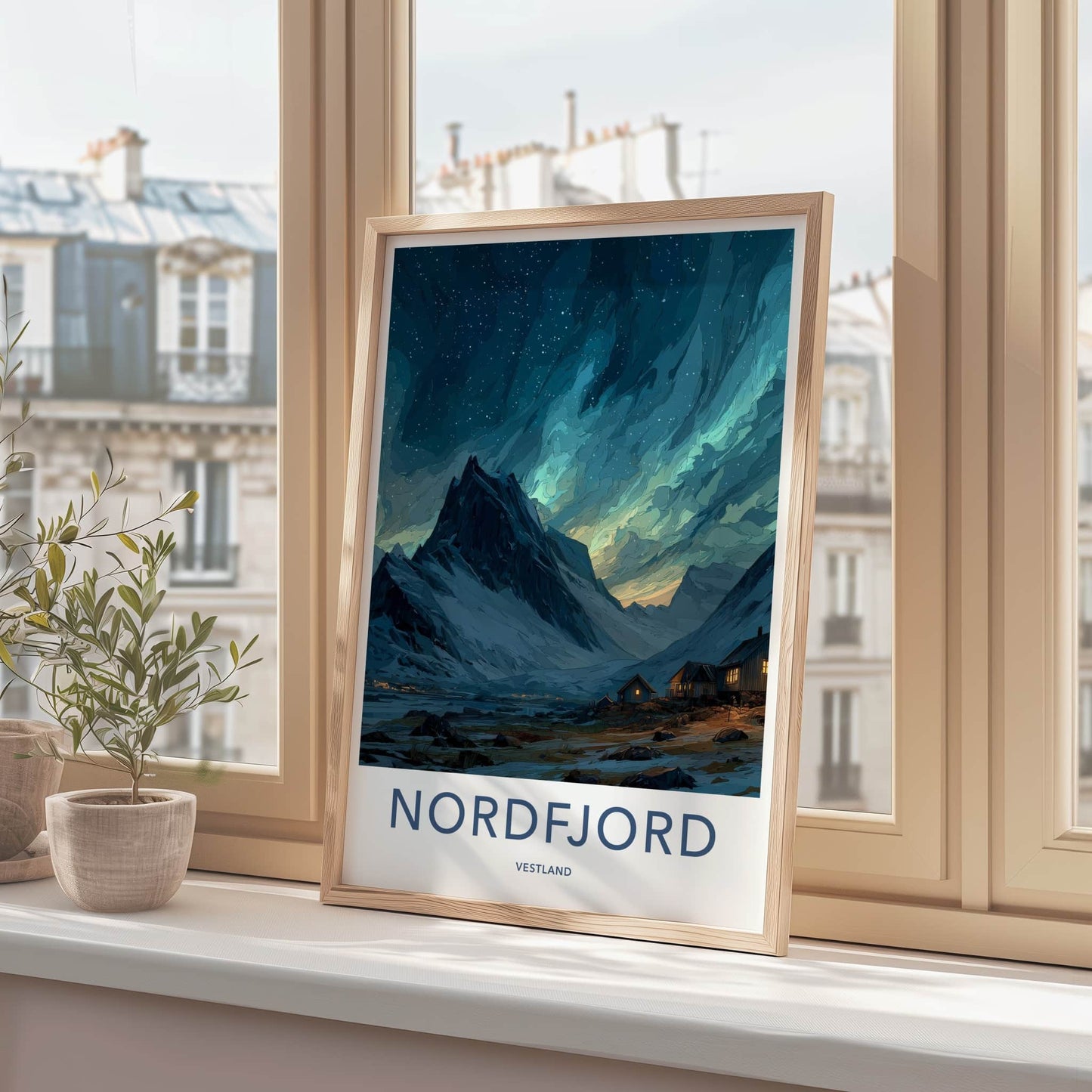 Nordfjord Poster - Norway Travel Art - Northern Lights Fjord Home Decor