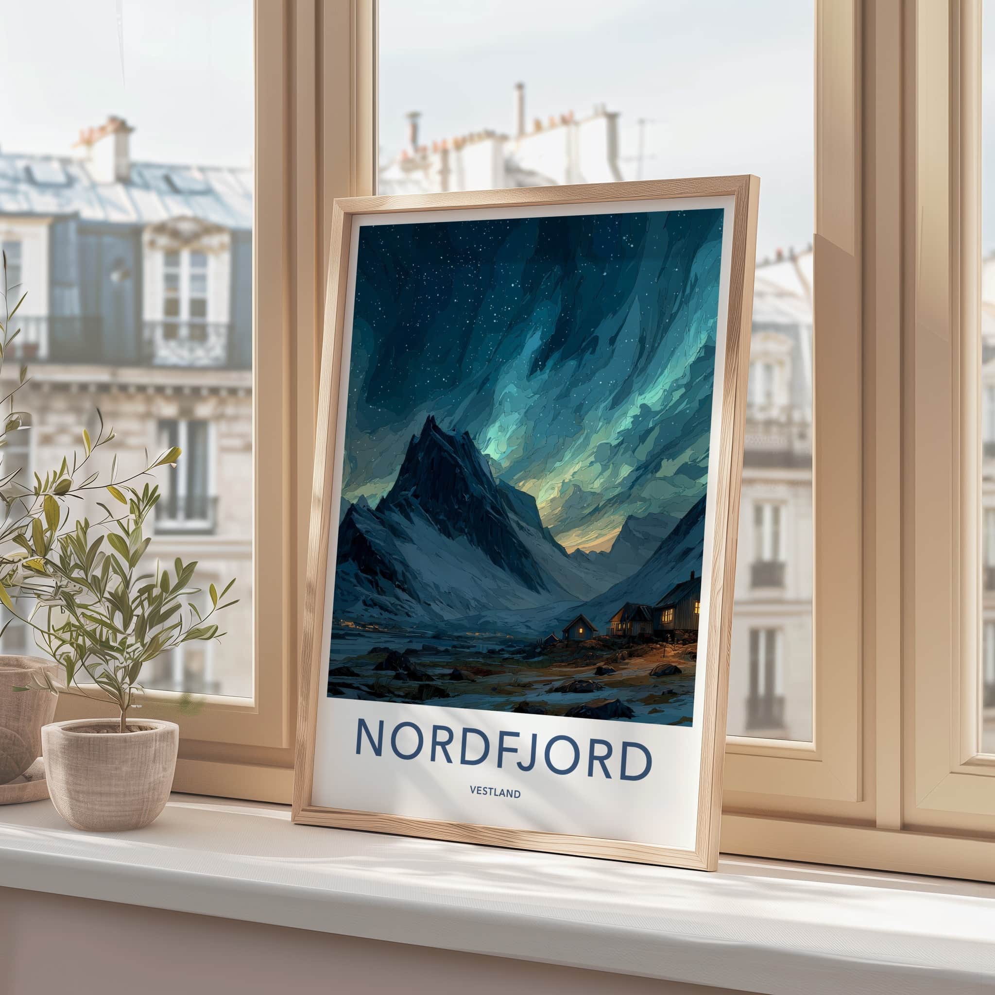 Nordfjord Poster - Norway Travel Art - Northern Lights Fjord Home Decor
