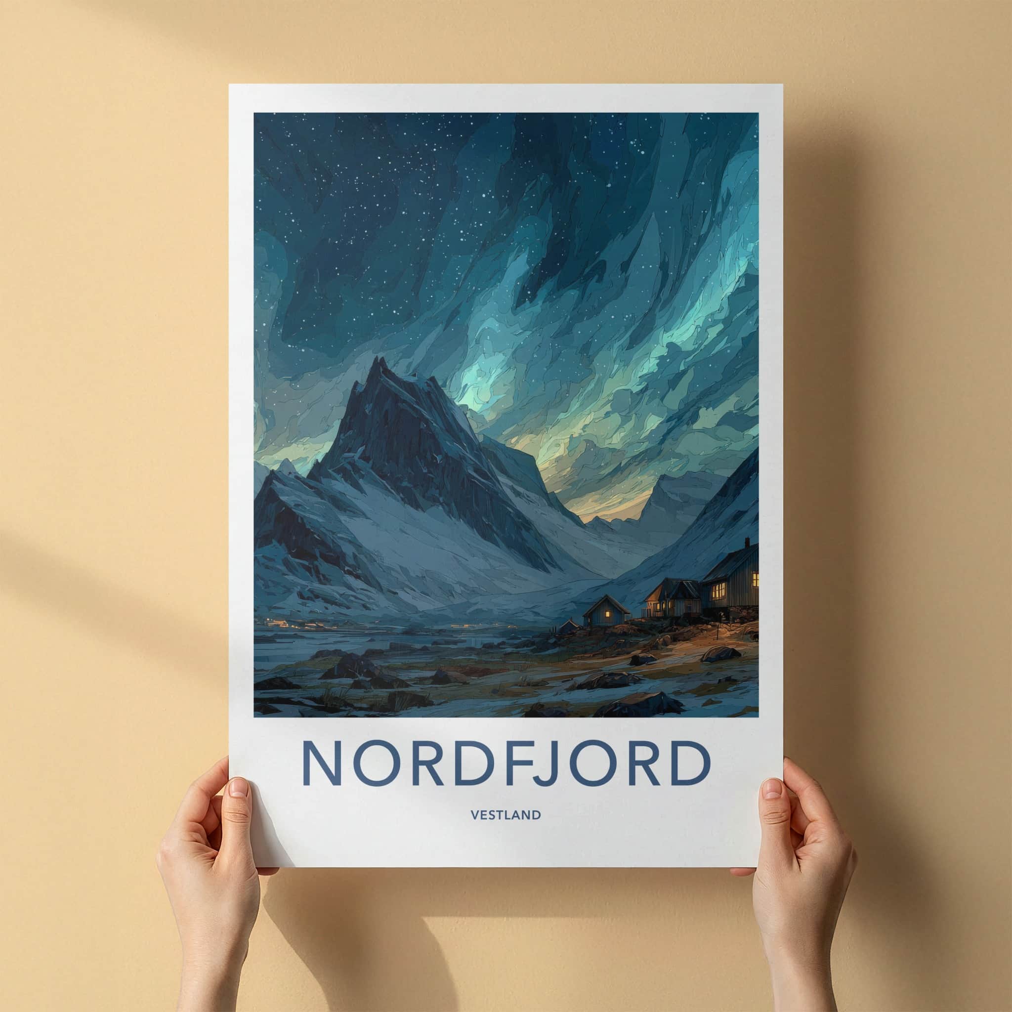 Nordfjord Poster - Norway Travel Art - Northern Lights Fjord Home Decor