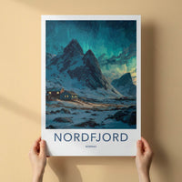 Nordfjord Poster - Norway Travel Art - Snowy Cabins Aurora Home Decor