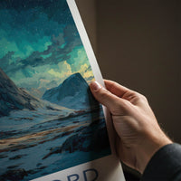 Nordfjord Poster - Norway Travel Art - Snowy Cabins Aurora Home Decor