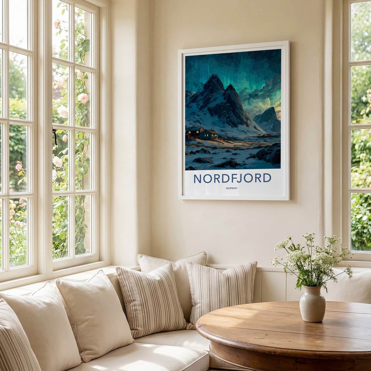 Nordfjord Poster - Norway Travel Art - Snowy Cabins Aurora Home Decor