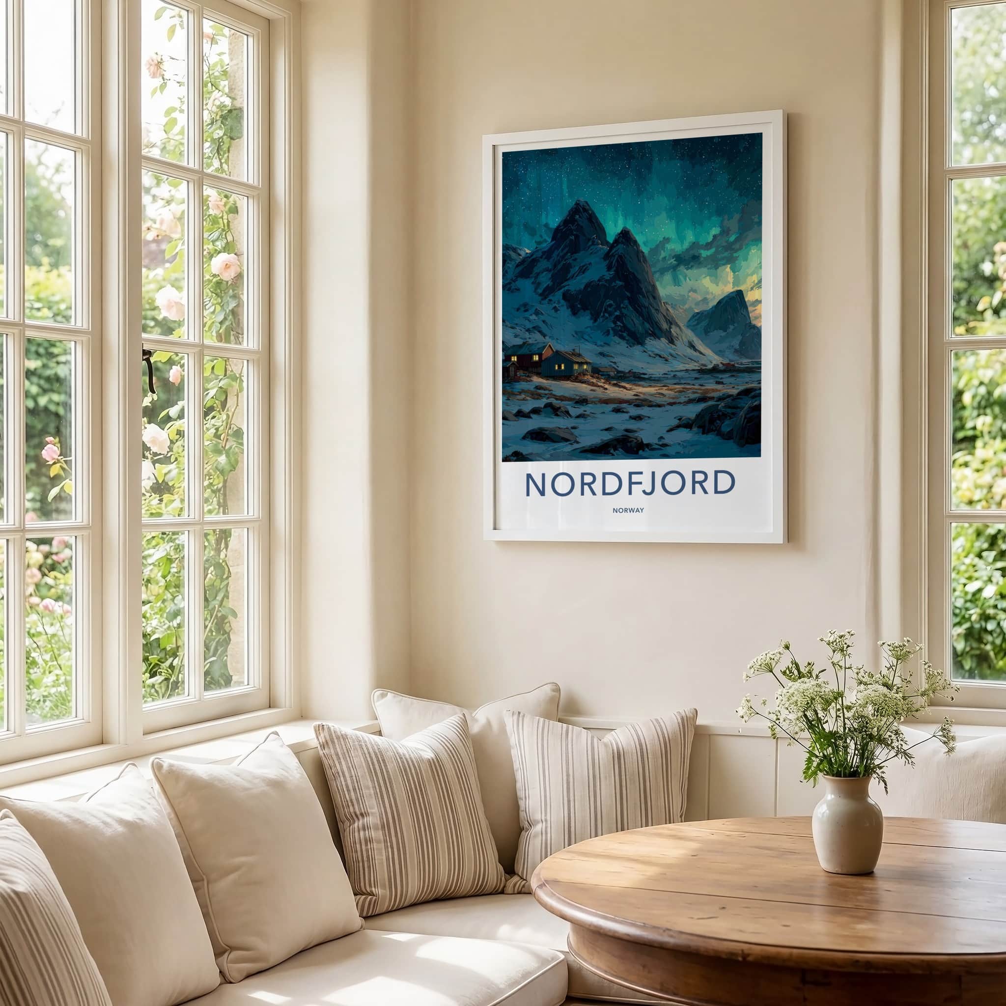 Nordfjord Poster - Norway Travel Art - Snowy Cabins Aurora Home Decor