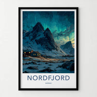 Nordfjord Poster - Norway Travel Art - Snowy Cabins Aurora Home Decor