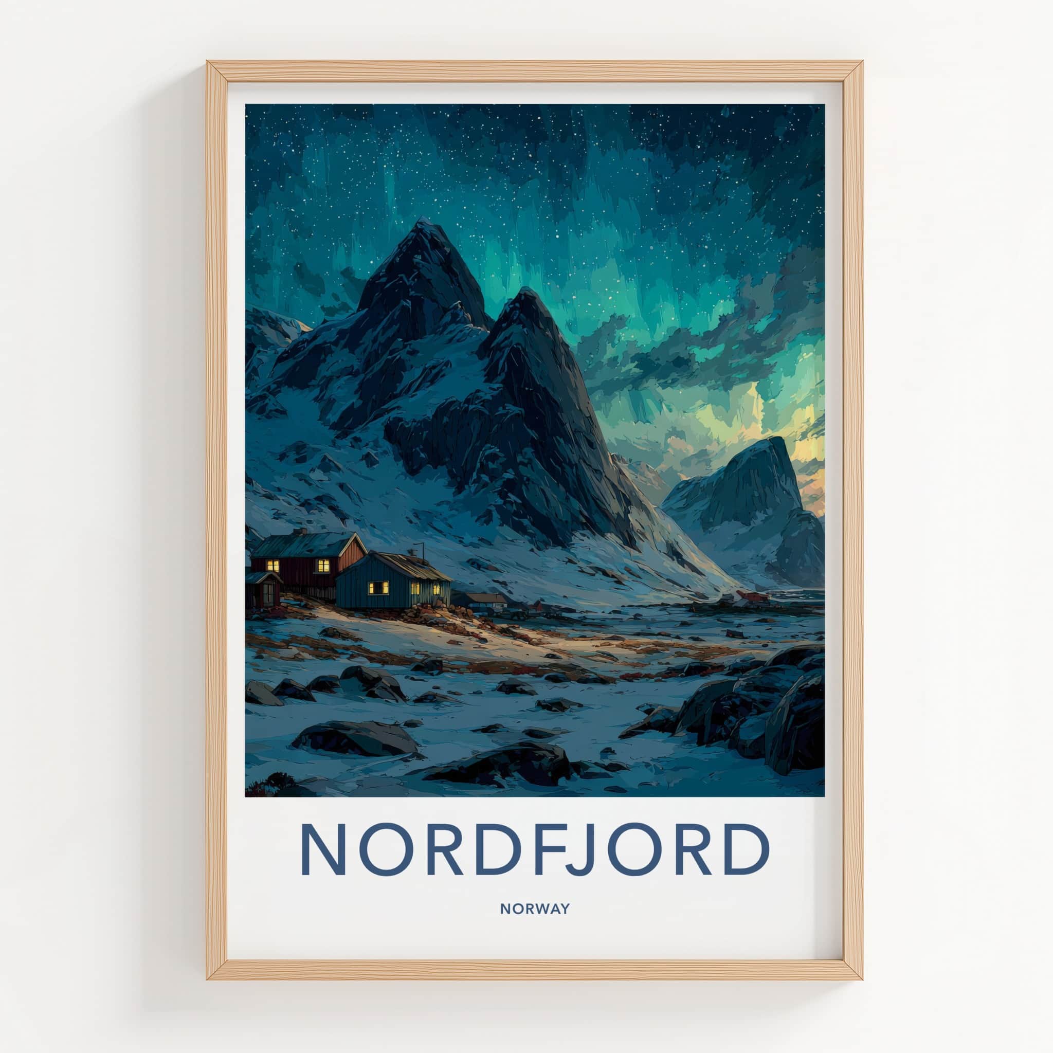 Nordfjord Poster - Norway Travel Art - Snowy Cabins Aurora Home Decor