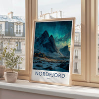 Nordfjord Poster - Norway Travel Art - Snowy Cabins Aurora Home Decor