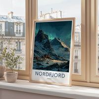Nordfjord Poster - Norway Travel Art - Snowy Mountain Cabins Home Decor