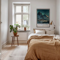 Nordfjord Poster - Norway Travel Art - Snowy Mountain Cabins Home Decor