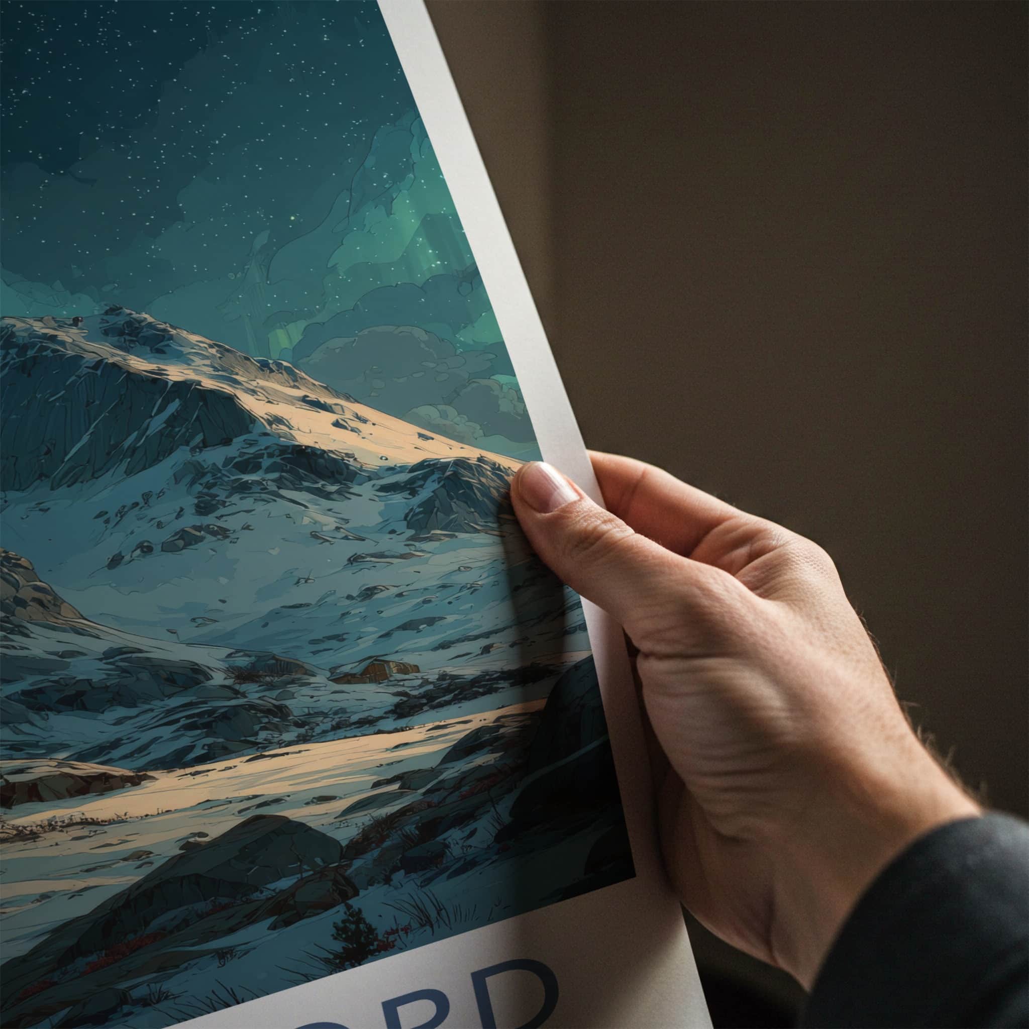 Nordfjord Poster - Norway Travel Art - Snowy Mountain Cabins Home Decor