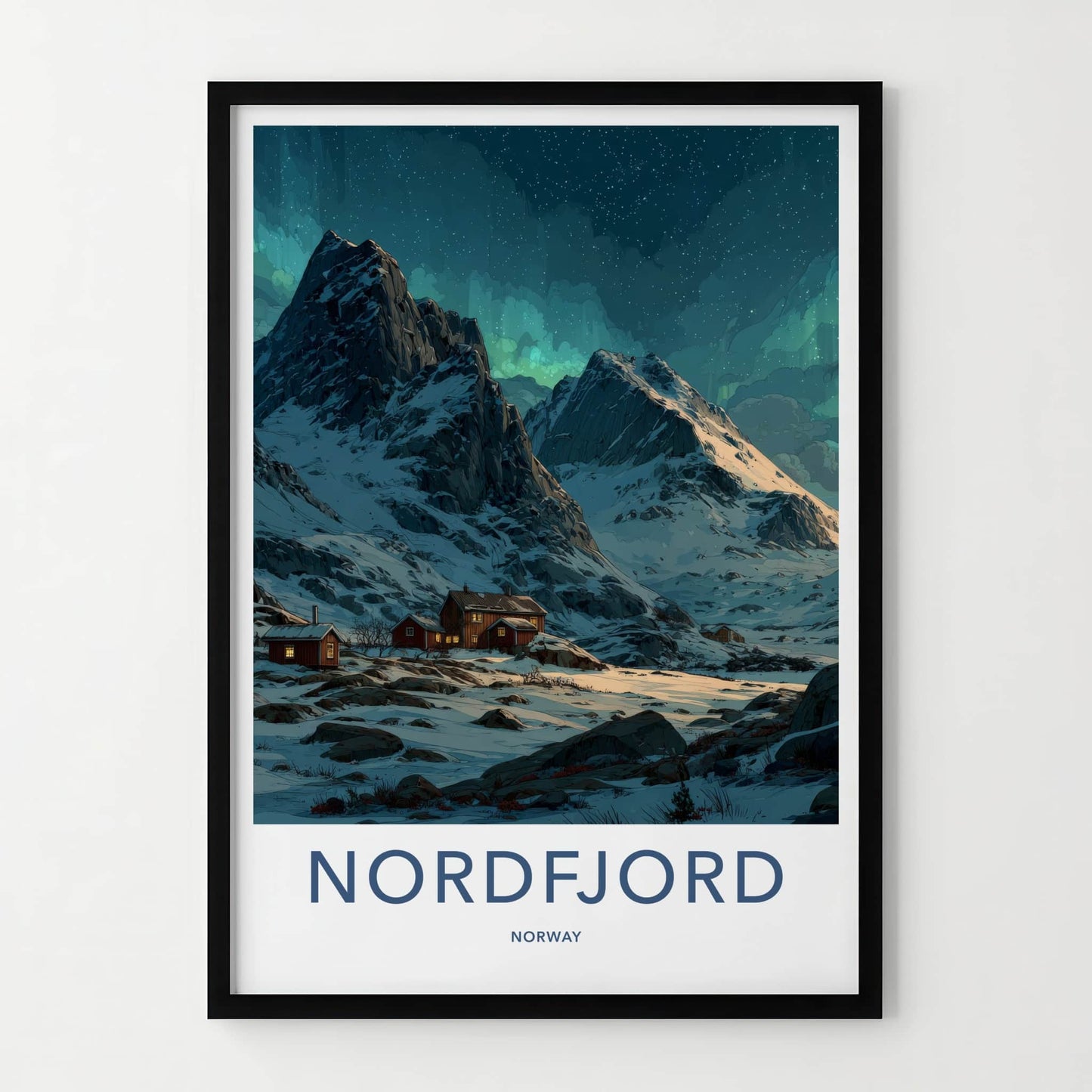 Nordfjord Poster - Norway Travel Art - Snowy Mountain Cabins Home Decor